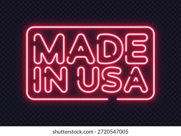 Bright neon label made in USA with glowing effect and bold outline. Stylish retro light sign for patriotic or commercial use.