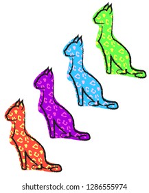 Bright Neon Leopard Cat Pattern. Set of four cat stickers. Colorful cheetah print. Neon 80s design. Cat sketch with bright texture.  Isolated artsy cats.