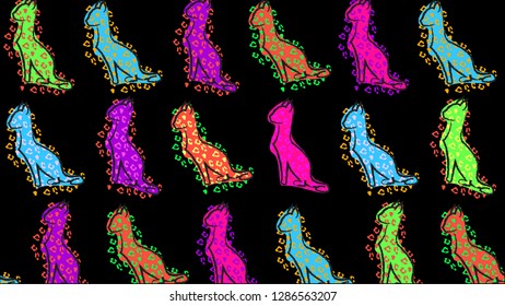 Bright Neon Leopard Cat Pattern. Colorful leopard print design. Quirky 80s art print. Repeating pattern design. Bright neon lights with dark background. Computer background wallpaper.