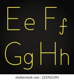 Letras luminosas de neón E, F, G y H. Símbolos del alfabeto brillantes. Ilustración vectorial.
