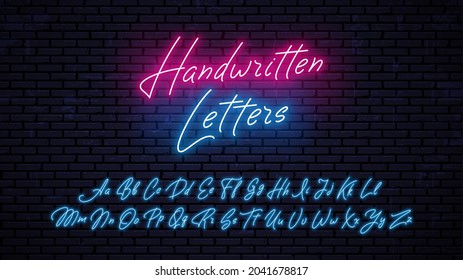 Bright neon letters of red and blue color isolated on brick wall background. Vector neon font.