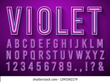 Bright Neon Letters. Violet Glowing Font, Light Box Alphabet And Neons Lights Lettering With Shadow 3d Vector Illustration Set