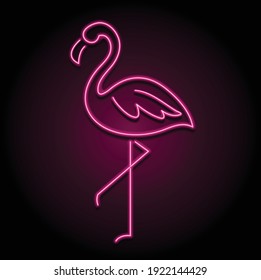 Bright neon light. Pink neon flamingo sign vector illustration on dark background. Glowing neon sign.