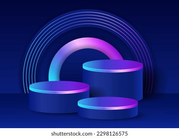 Bright neon light showcase platform, dark pedestal, standing on a blue circle background The minimalistic showroom is illuminated by a glowing LED line and surrounded by a sci-fi style wall and floor.