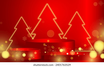 Bright Neon lights red new year with glowing neon lamp lighting Stage for showcase. vector design.