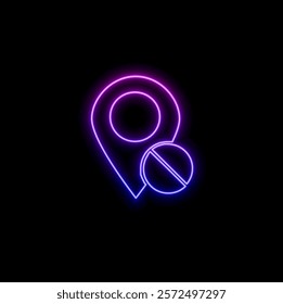 Bright neon line map marker with a silhouette of a person icon isolated on black background. GPS location symbol. Colorful outline concept. vector.