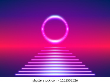 Bright neon lines background with 80s style laser rays as retro sunrise or sundown on the digital sea with sun path