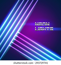 Bright neon lines background with 80s style and chrome letters