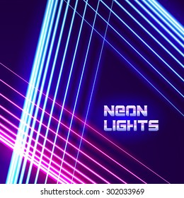 Bright neon lines background with 80s style and chrome letters