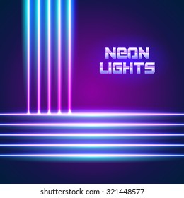 Bright neon lines background with 80s style and chrome letters