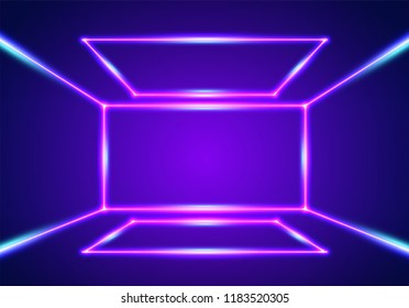 Bright neon lines interior background with ultraviolet 80s style laser rays