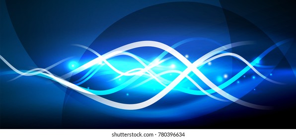 Bright neon lines wave, motion light trail concept, techno modern art, blue color