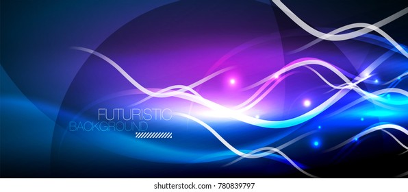 Onda de líneas de neón brillante, concepto de traza de luz de movimiento, arte moderno tecnológico