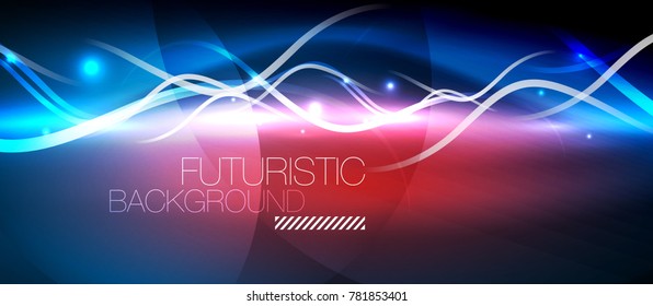 Onda de líneas de neón brillante, concepto de traza de luz de movimiento, arte moderno tecnológico