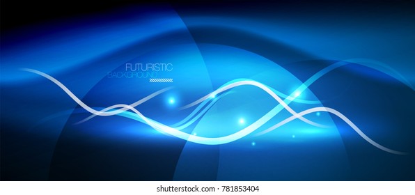 Bright neon lines wave, motion light trail concept, techno modern art, blue color