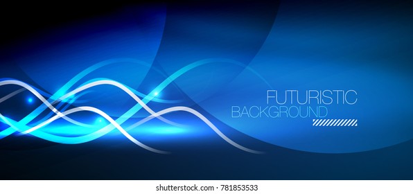 Onda de líneas de neón brillante, concepto de traza de luz de movimiento, arte moderno tecnológico, color azul