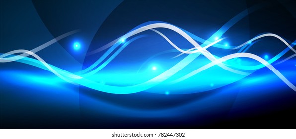 Bright neon lines wave, motion light trail concept, techno modern art, blue color