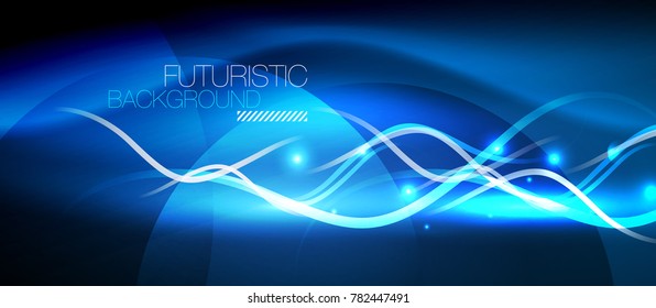 Onda de líneas de neón brillante, concepto de traza de luz de movimiento, arte moderno tecnológico, color azul