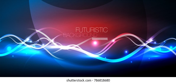 Onda de líneas de neón brillante, concepto de traza de luz de movimiento, arte moderno tecnológico