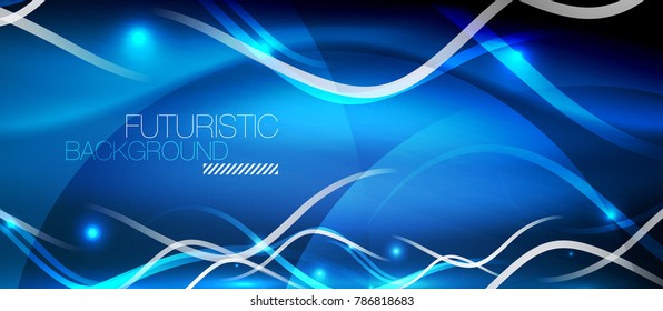 Onda de líneas de neón brillante, concepto de traza de luz de movimiento, arte moderno tecnológico, color azul
