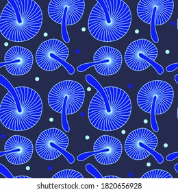 Bright neon mushrooms, seamless pattern. Fantastic mushrooms. Vector illustration for paper, fabric