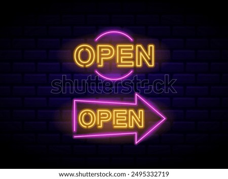 Bright Neon Open Signs On Dark Brick Wall. Vibrant Colors And Retro Design Create An Inviting And Eye-catching Effect