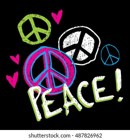 Bright Neon Peace! and Love - Baby/Toddler/Youth Girls/Boys T-shirt Graphic - Isolated Vector on Black Background