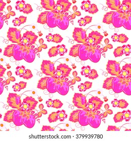 Bright neon pink seamless pattern with a strawberry, leaves and flowers (vector)