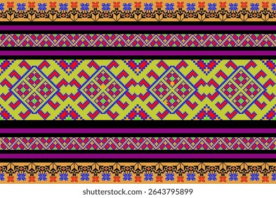 Motif lumineux au néon au pixel près, inspiré des motifs textiles traditionnels de l'Isan (nord-est de la Thaïlande). Motifs géométriques en losange et bordures florales disposées en bandes de verticale. Ce r numérique moderne