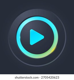 Botón de juego de neón brillante con diseño de anillo brillante moderno en una interfaz oscura, ideal para temas de tecnología y medios
