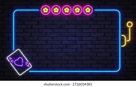 Helle Neon Poker Rahmen mit fünf Sternen Rating und Casino-Symbole. Perfekt für Spielbanner, UI-Panels oder Online-Casino-Aktionen.
