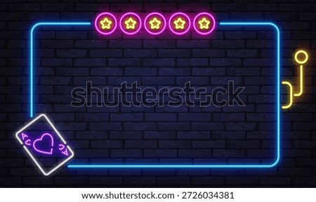 Bright neon poker frame with five star rating and casino symbols. Perfect for gambling banners, UI panels, or online casino promotions.