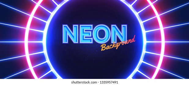Bright neon powerful beams creates a circular area in the center for your text, copy space. Retro wave blue-purple vector background.