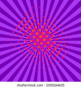Bright neon purple rays with droplets. Abstract background with halftone dots. Vector illustration.

