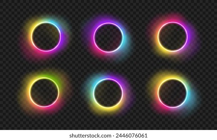 Bright neon rainbow circles with transparent glow effect. Vector colorful frames for logo design with neon effect. PNG glow effect. Rainbow portal, magical glow.