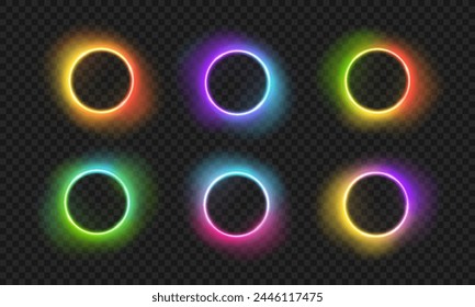 Bright neon rainbow circles with transparent glow effect. Vector colorful frames for logo design with neon effect. PNG glow effect. Rainbow portal, magical glow.