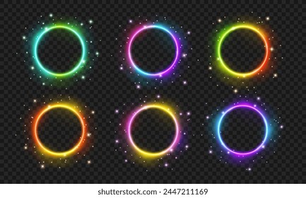 Bright neon rainbow circles with transparent glow. PNG magic light effect.