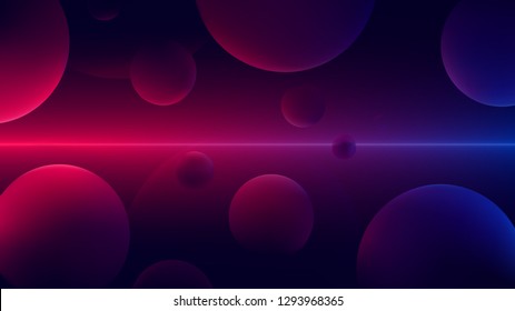 Bright neon ray is glowing in red with blue light reflected in spheres, Futuristic ultraviolet light, vector retro background for your design