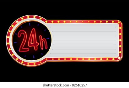 Bright neon with red 24 hours open symbol