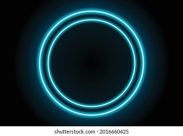 Bright Neon Ring Light. Blue Neon Circle Vector Illustration On Dark Wall. Glowing Circle.