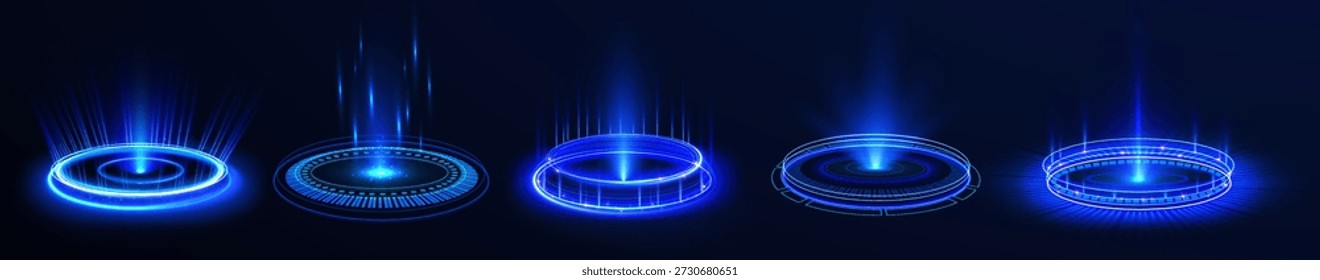 Los anillos de neón brillantes rodean un portal brillante de Vertical, irradiando rayos de energía azul. Las chispas digitales vuelan alrededor de los bordes en movimiento. Perfecto para interfaces futuristas e ilustraciones de ciencia ficción.