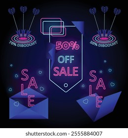 Bright Neon Sale Banner Set with neon text, harts, tags, arrows and discount simbols with stylish navy blue elements, envelop and targets for Digital and Retail Marketing