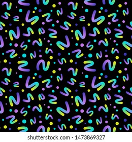 Bright neon seamless pattern on a black with gradient worms that look like letters S, N and  number 2