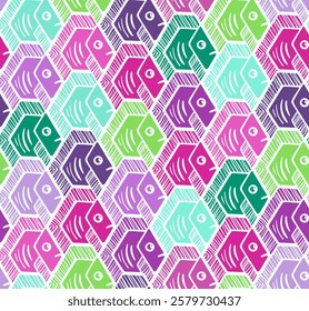 Bright Neon Seamless Tessellation with Hexagonal Striped Fin Fish and Big Round Eyes in Escher Style