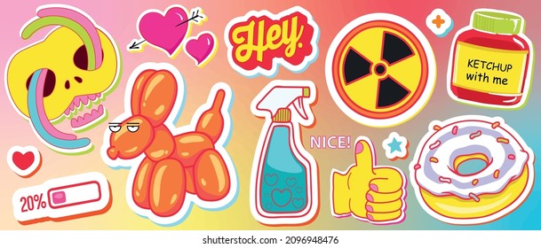 Bright, neon set, collection of modern stickers of ketchup, spray, hand gesture class, radiation sign, dog balloon, crazy skull, delicious donut, heart. Vector background with cartoon illustrations. svg