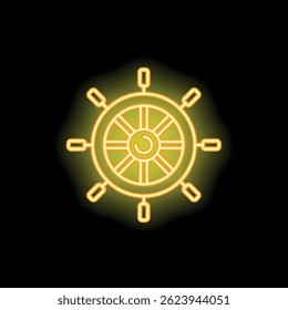 Bright neon ship steering wheel glowing on a dark background
