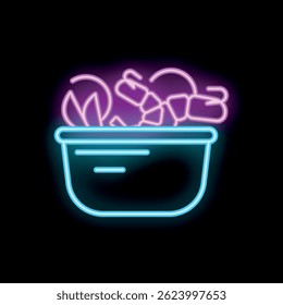 Bright neon sign of a bowl overflowing with a delicious meal of steamed shellfish