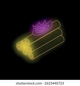 Bright neon sign of burning logs, perfect for representing warmth, camping, or a cozy atmosphere