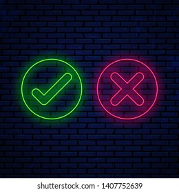 Bright neon sign, check marks, icons round shape isolated on wall background. Neon green check mark and red cross. Accept and reject. Right and wrong.