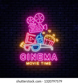 Bright neon sign for the cinema. Vector Illustration